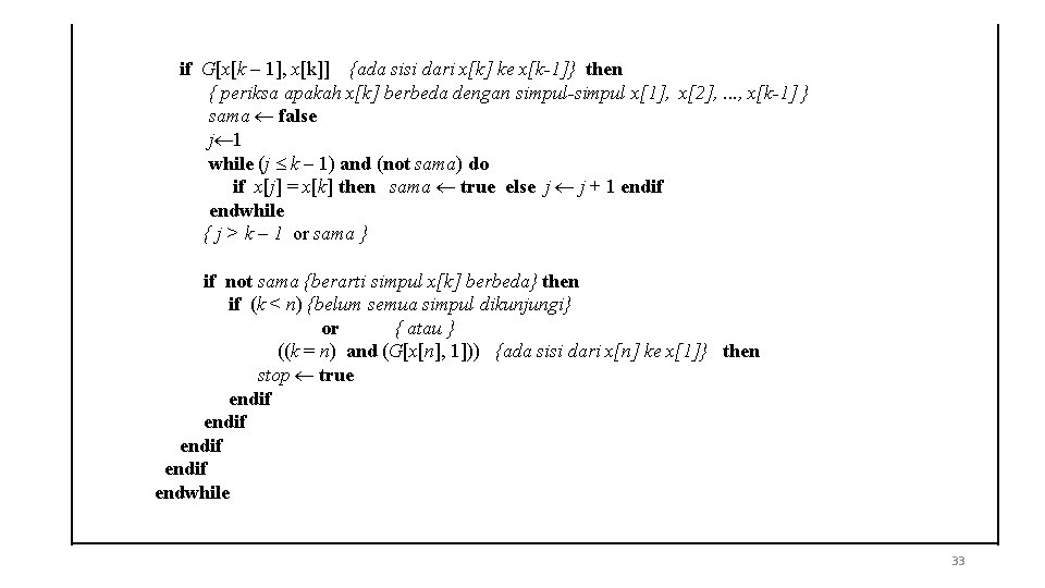 if G[x[k – 1], x[k]] {ada sisi dari x[k] ke x[k-1]} then { periksa