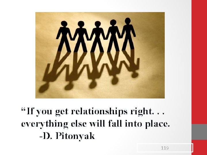 “If you get relationships right. . . everything else will fall into place. -D. “If you get relationships right. . . everything else will fall into place. -D.