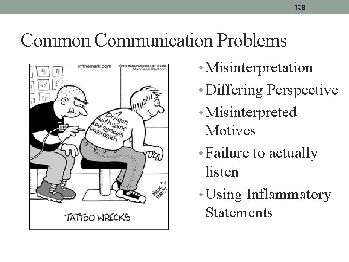 138 Common Communication Problems • Misinterpretation • Differing Perspective • Misinterpreted Motives • Failure 138 Common Communication Problems • Misinterpretation • Differing Perspective • Misinterpreted Motives • Failure