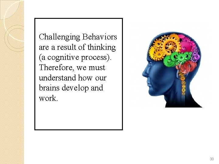 Challenging Behaviors are a result of thinking (a cognitive process). Therefore, we must understand Challenging Behaviors are a result of thinking (a cognitive process). Therefore, we must understand