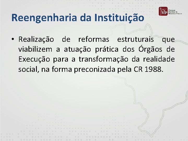 Reengenharia da Instituição • Realização de reformas estruturais que viabilizem a atuação prática dos