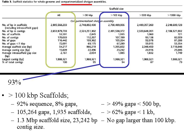 93% • > 100 kbp Scaffolds; – > 49% gaps < 500 bp, –