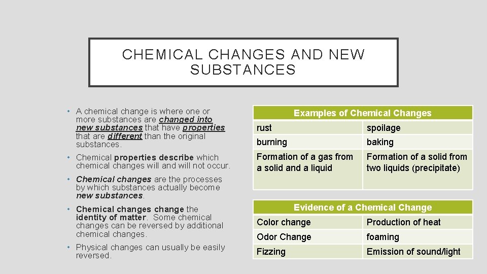 CHEMICAL CHANGES AND NEW SUBSTANCES • A chemical change is where one or more