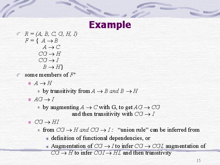 Example R = (A, B, C, G, H, I) F={ A B A C Example R = (A, B, C, G, H, I) F={ A B A C