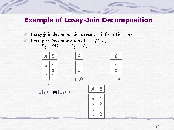 Example of Lossy-Join Decomposition Lossy-join decompositions result in information loss. Example: Decomposition of R Example of Lossy-Join Decomposition Lossy-join decompositions result in information loss. Example: Decomposition of R