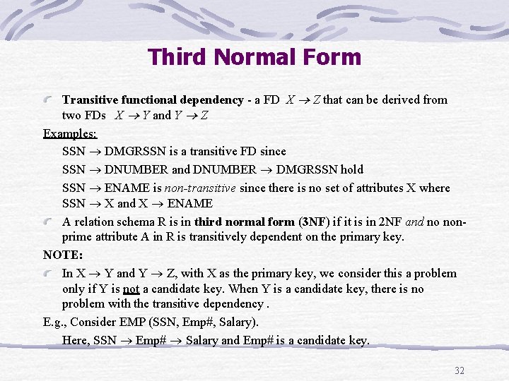 Third Normal Form Transitive functional dependency - a FD X Z that can be Third Normal Form Transitive functional dependency - a FD X Z that can be