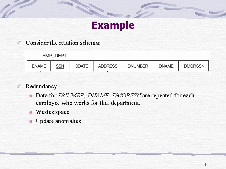 Example Consider the relation schema: Redundancy: Data for DNUMER, DNAME, DMGRSSN are repeated for Example Consider the relation schema: Redundancy: Data for DNUMER, DNAME, DMGRSSN are repeated for