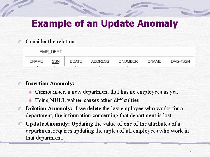 Example of an Update Anomaly Consider the relation: Insertion Anomaly: Cannot insert a new Example of an Update Anomaly Consider the relation: Insertion Anomaly: Cannot insert a new