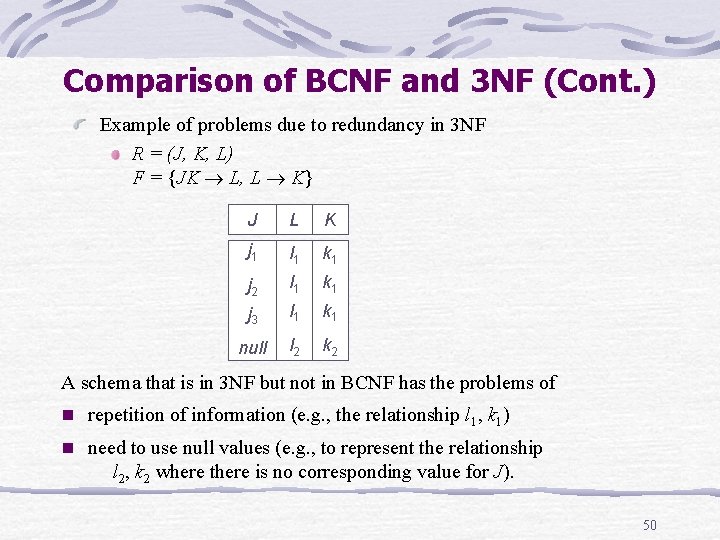 Comparison of BCNF and 3 NF (Cont. ) Example of problems due to redundancy Comparison of BCNF and 3 NF (Cont. ) Example of problems due to redundancy
