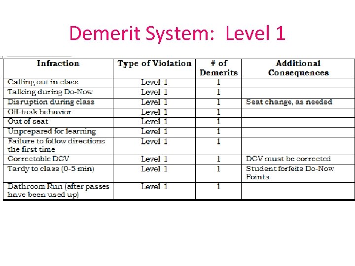 Demerit System: Level 1 Demerit System: Level 1