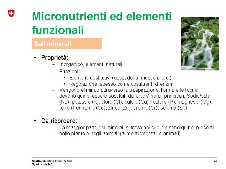 Micronutrienti ed elementi funzionali Sali minerali • Proprietà: – Inorganico, elementi naturali – Funzioni: