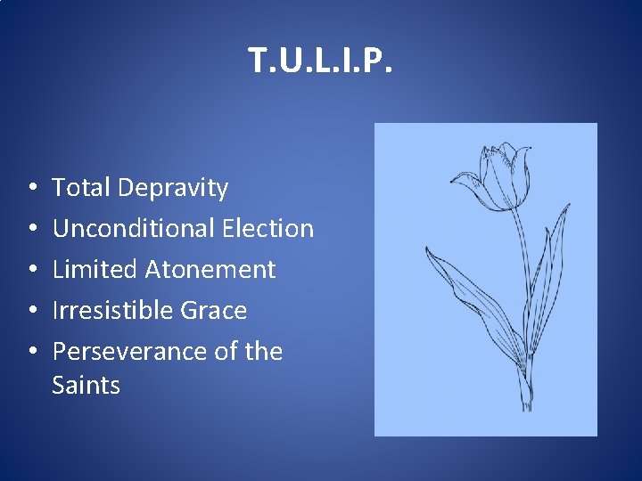 T. U. L. I. P. • • • Total Depravity Unconditional Election Limited Atonement