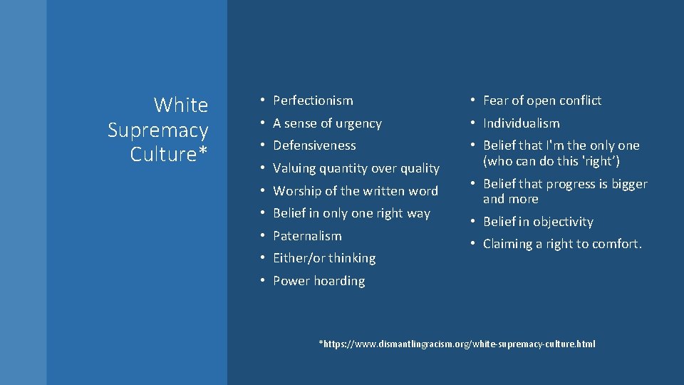 White Supremacy Culture* • Perfectionism • Fear of open conflict • A sense of