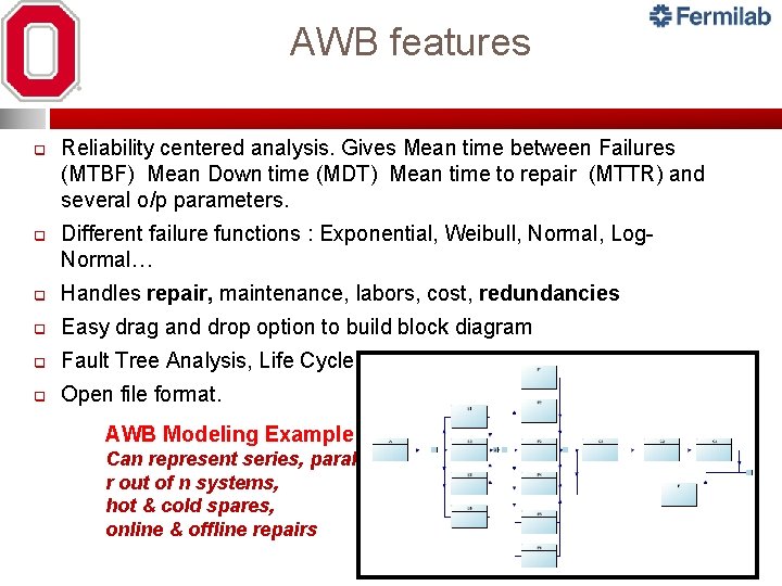 AWB features q q Reliability centered analysis. Gives Mean time between Failures (MTBF) Mean AWB features q q Reliability centered analysis. Gives Mean time between Failures (MTBF) Mean
