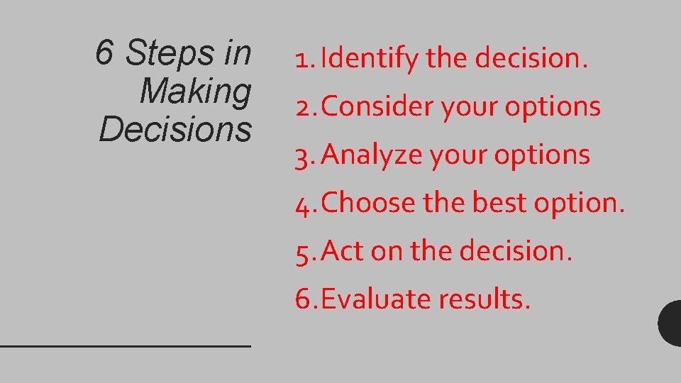 6 Steps in Making Decisions 1. Identify the decision. 2. Consider your options 3.