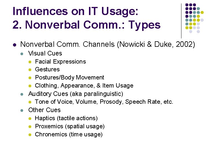 Influences on IT Usage: 2. Nonverbal Comm. : Types l Nonverbal Comm. Channels (Nowicki