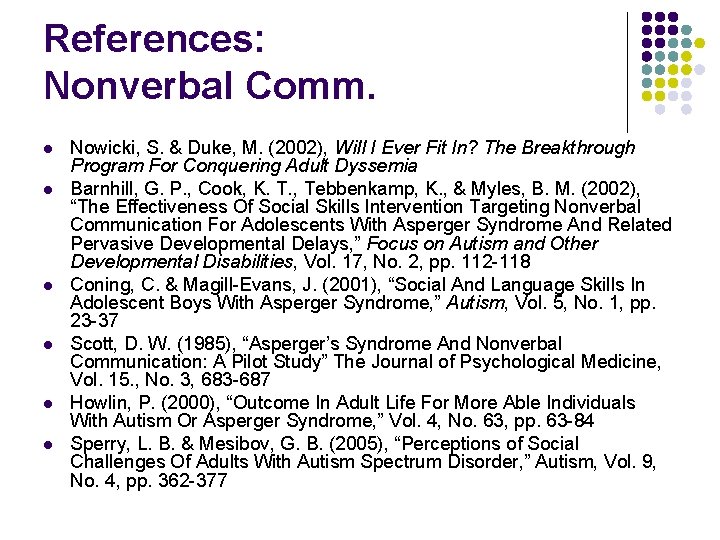 References: Nonverbal Comm. l l l Nowicki, S. & Duke, M. (2002), Will I
