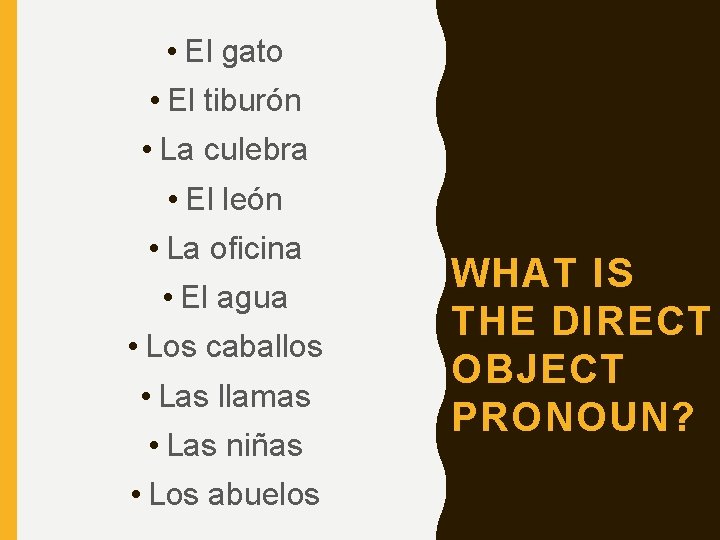 • El gato • El tiburón • La culebra • El león • • El gato • El tiburón • La culebra • El león •