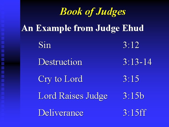 Book of Judges An Example from Judge Ehud Sin 3: 12 Destruction 3: 13