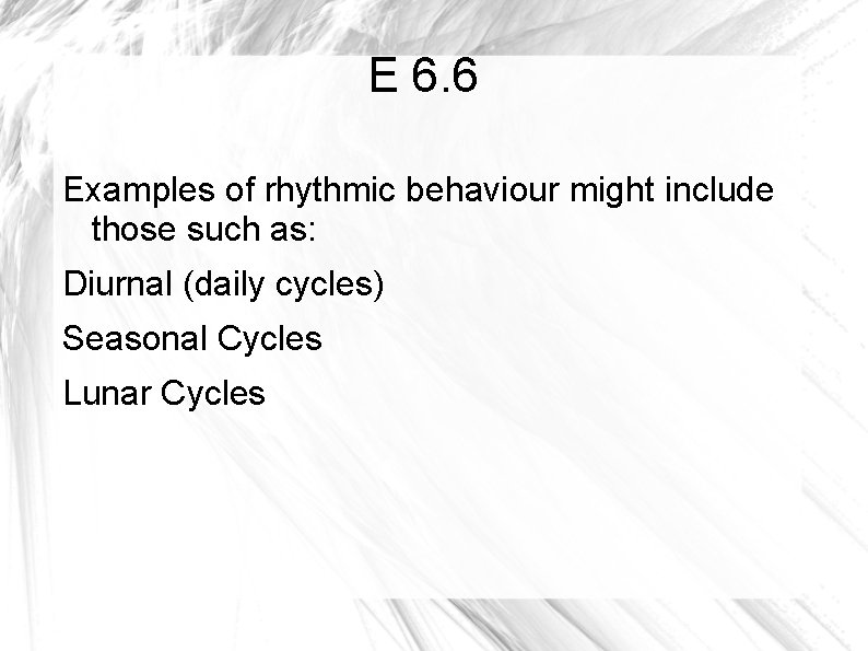 E 6. 6 Examples of rhythmic behaviour might include those such as: Diurnal (daily