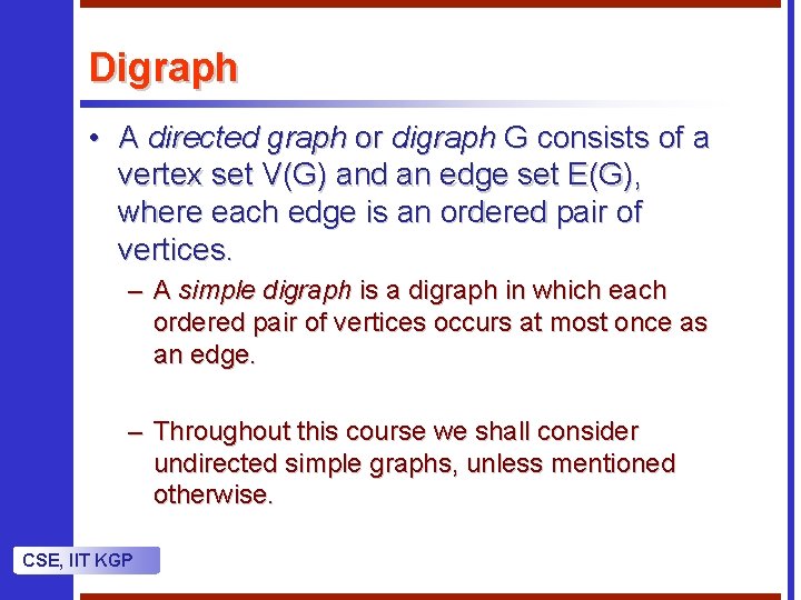 Digraph • A directed graph or digraph G consists of a vertex set V(G) Digraph • A directed graph or digraph G consists of a vertex set V(G)