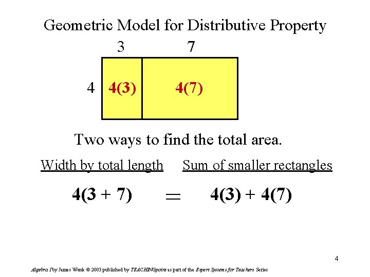 Geometric Model for Distributive Property 3 7 4 4(3) 4(7) Two ways to find