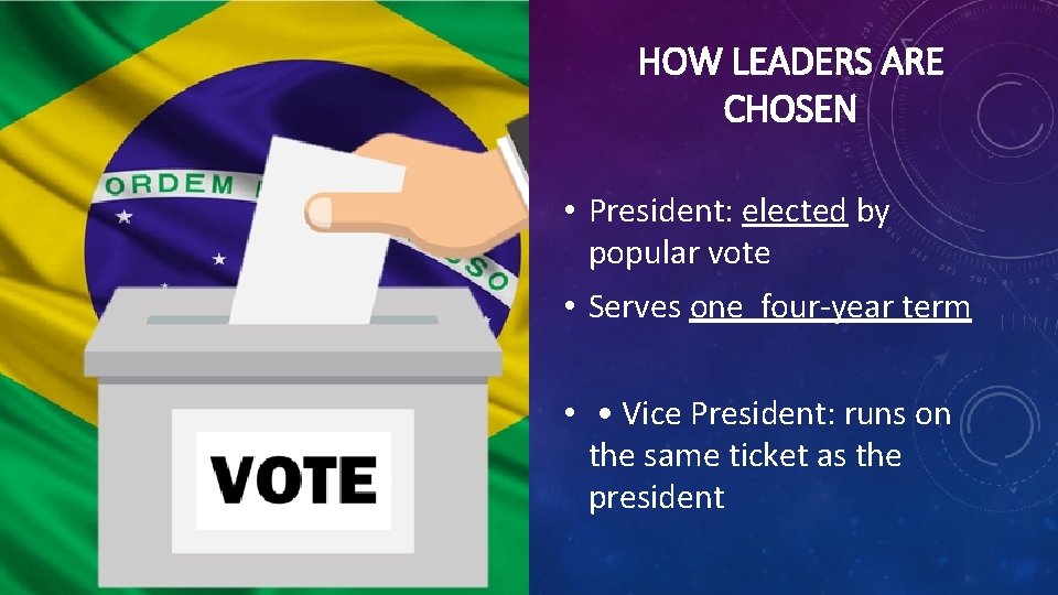 HOW LEADERS ARE CHOSEN • President: elected by popular vote • Serves one four-year