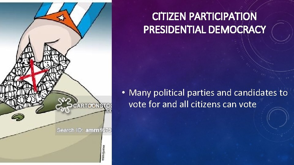 CITIZEN PARTICIPATION PRESIDENTIAL DEMOCRACY • Many political parties and candidates to vote for and