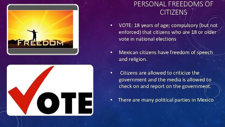 PERSONAL FREEDOMS OF CITIZENS • VOTE: 18 years of age; compulsory (but not enforced)