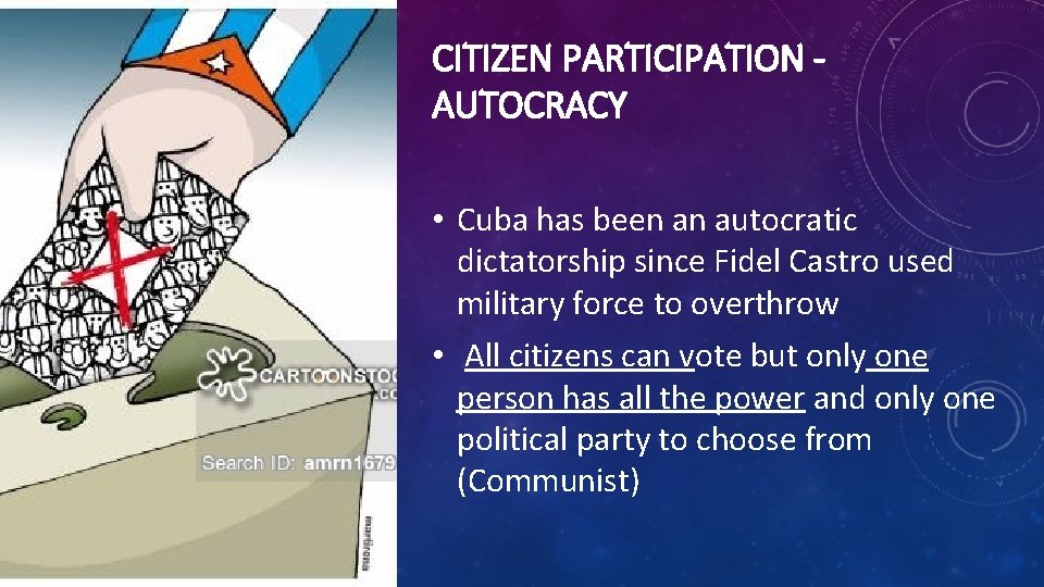 CITIZEN PARTICIPATION AUTOCRACY • Cuba has been an autocratic dictatorship since Fidel Castro used