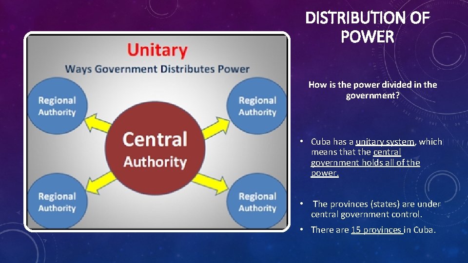 DISTRIBUTION OF POWER How is the power divided in the government? • Cuba has