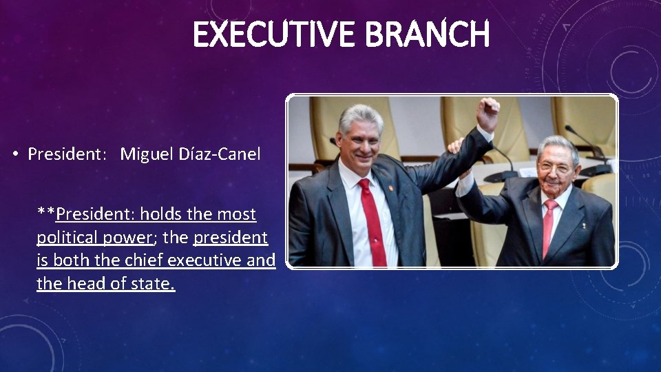 EXECUTIVE BRANCH • President: Miguel Díaz-Canel **President: holds the most political power; the president
