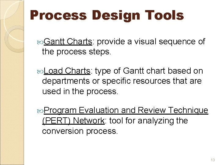 Process Design Tools Gantt Charts: provide a visual sequence of the process steps. Load