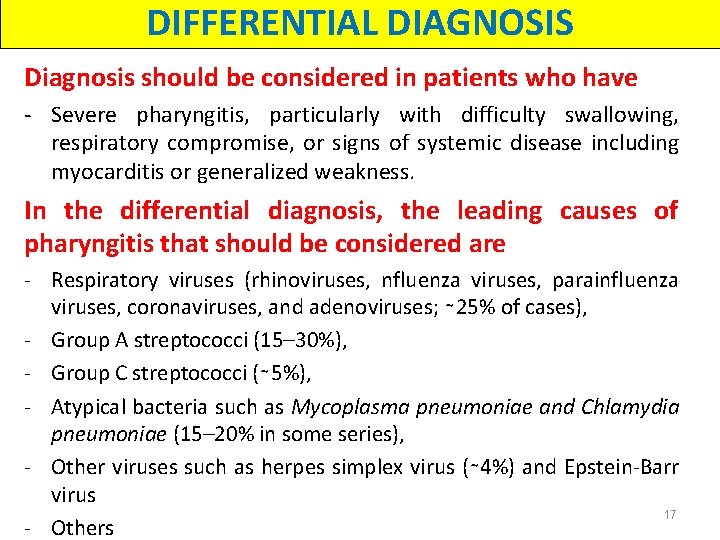 DIFFERENTIAL DIAGNOSIS Diagnosis should be considered in patients who have - Severe pharyngitis, particularly
