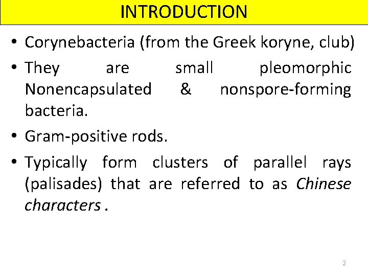 INTRODUCTION • Corynebacteria (from the Greek koryne, club) • They are small pleomorphic Nonencapsulated