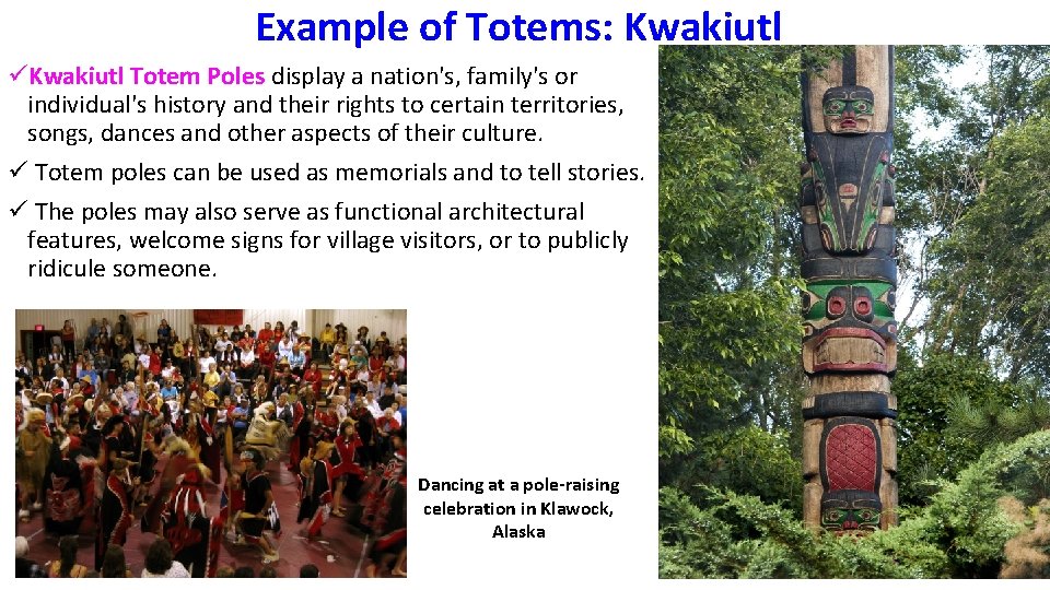 Example of Totems: Kwakiutl üKwakiutl Totem Poles display a nation's, family's or individual's history
