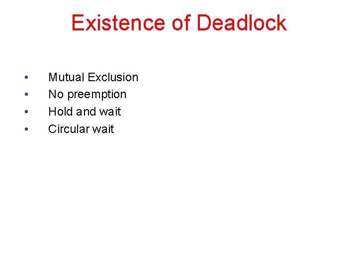 Existence of Deadlock • • Mutual Exclusion No preemption Hold and wait Circular wait