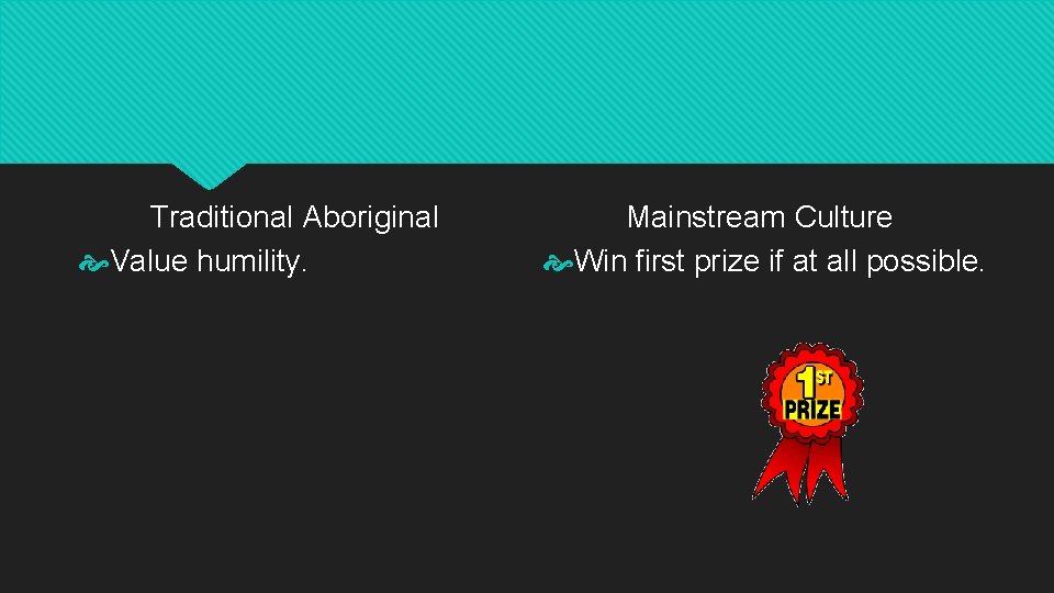 Traditional Aboriginal Value humility. Mainstream Culture Win first prize if at all possible. 
