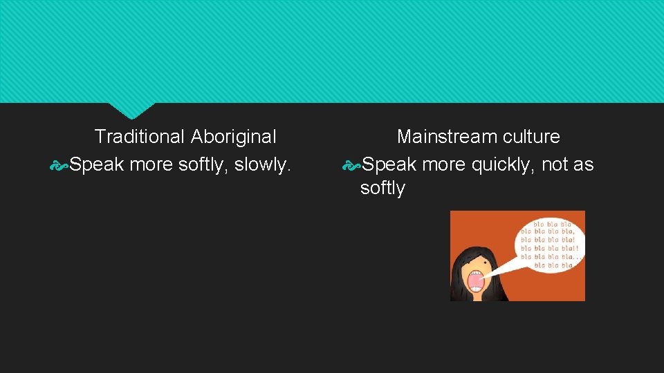 Traditional Aboriginal Speak more softly, slowly. Mainstream culture Speak more quickly, not as softly