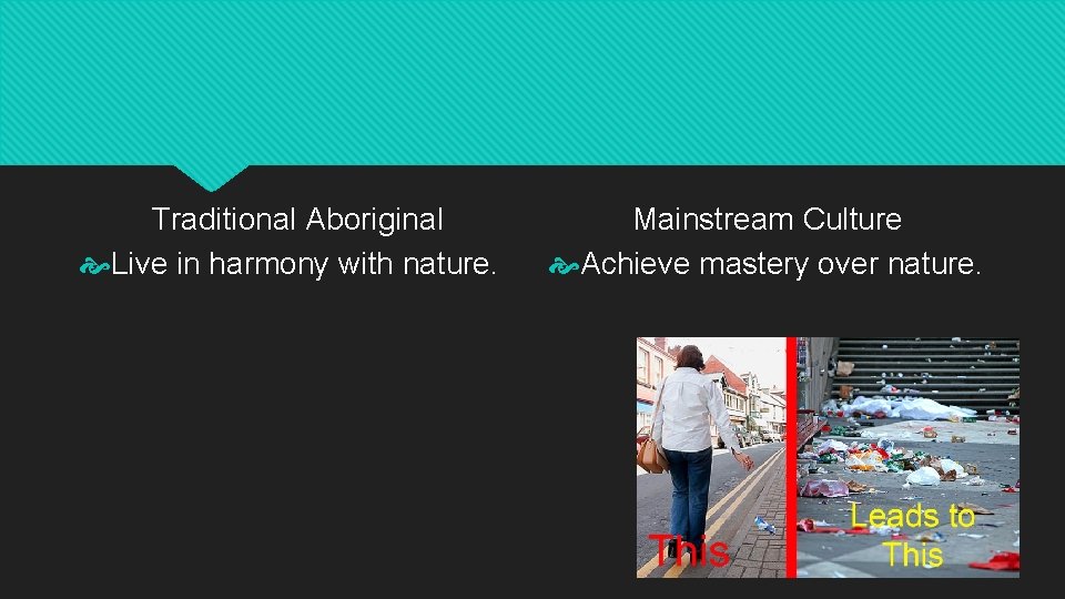 Traditional Aboriginal Live in harmony with nature. Mainstream Culture Achieve mastery over nature. 