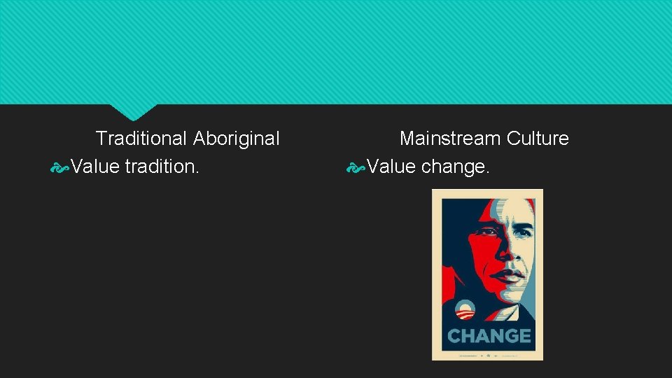 Traditional Aboriginal Value tradition. Mainstream Culture Value change. 