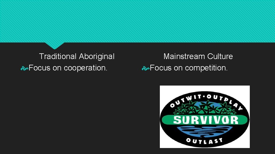 Traditional Aboriginal Focus on cooperation. Mainstream Culture Focus on competition. 