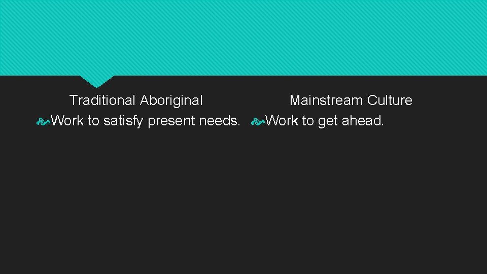 Traditional Aboriginal Mainstream Culture Work to satisfy present needs. Work to get ahead. 