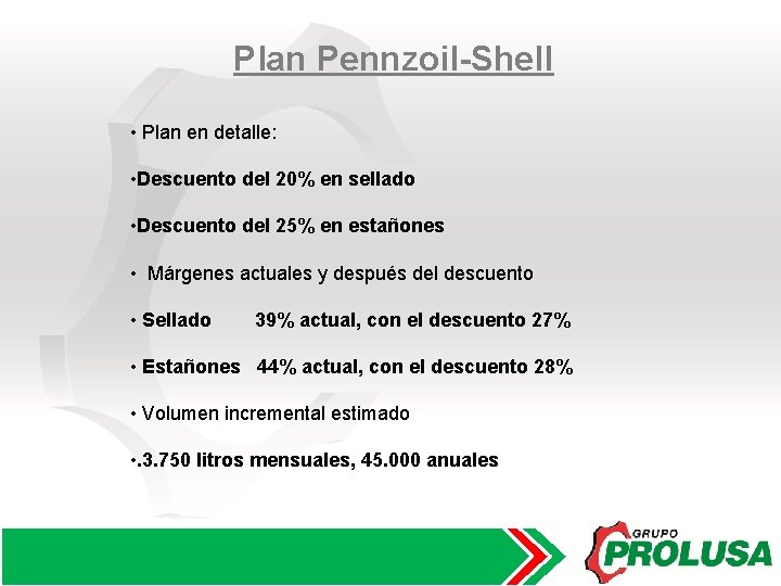 Plan Pennzoil-Shell • Plan en detalle: • Descuento del 20% en sellado • Descuento