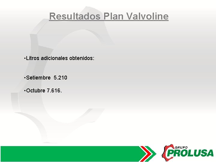 Resultados Plan Valvoline • Litros adicionales obtenidos: • Setiembre 5. 210 • Octubre 7.