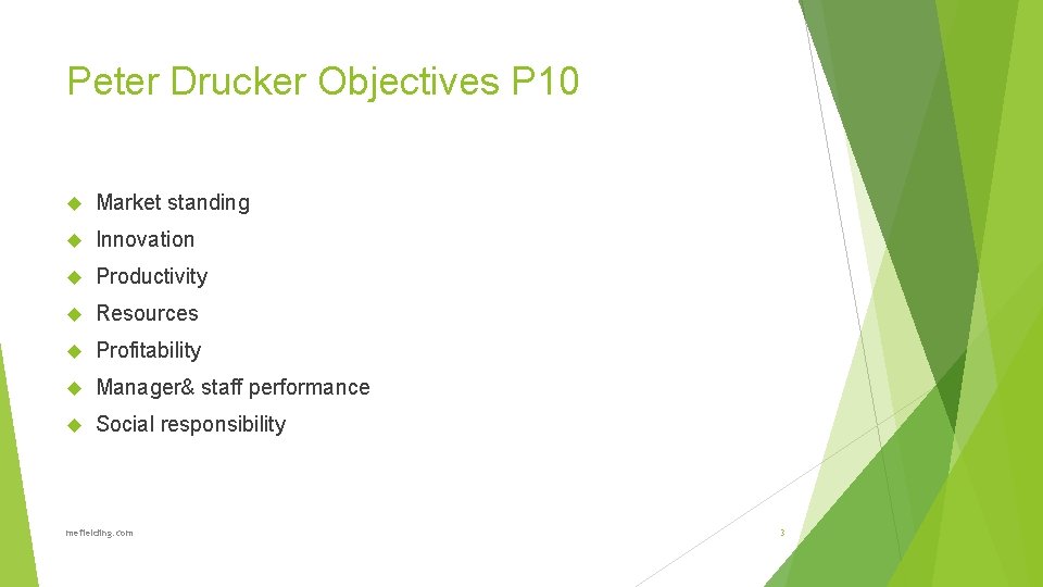 Peter Drucker Objectives P 10 Market standing Innovation Productivity Resources Profitability Manager& staff performance