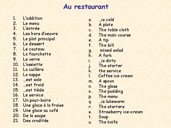 Au restaurant 1. 2. 3. 4. 5. 6. 7. 8. 9. 10. 11. 12.