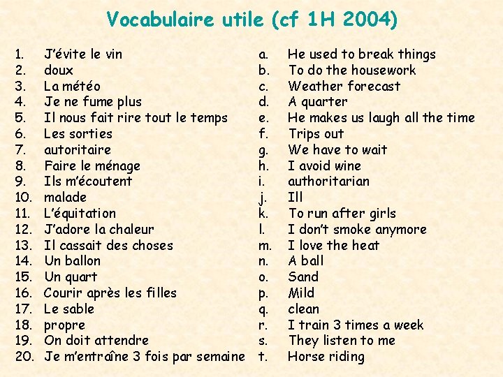 Vocabulaire utile (cf 1 H 2004) 1. 2. 3. 4. 5. 6. 7. 8.