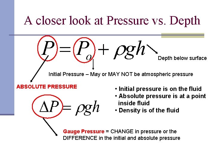 A closer look at Pressure vs. Depth below surface Initial Pressure – May or