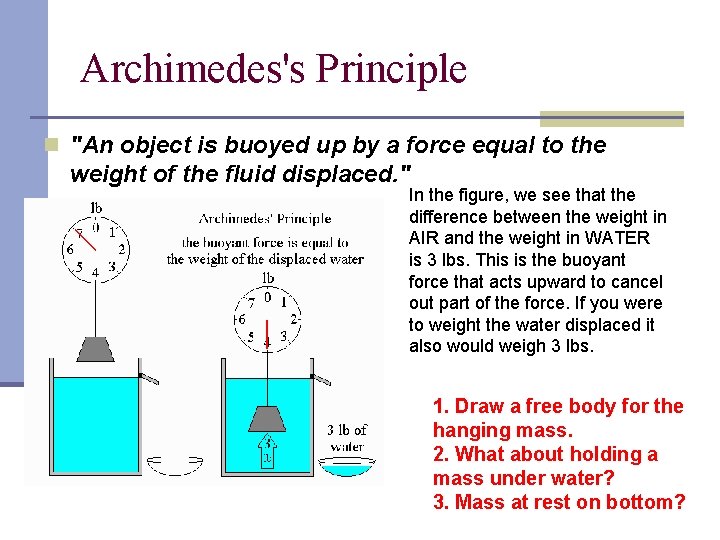 Archimedes's Principle n "An object is buoyed up by a force equal to the